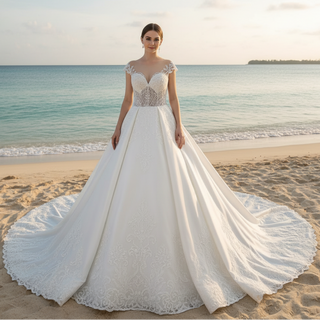 Sheer Bodice Capped Sleeve Satin Wedding Dresses with Lace