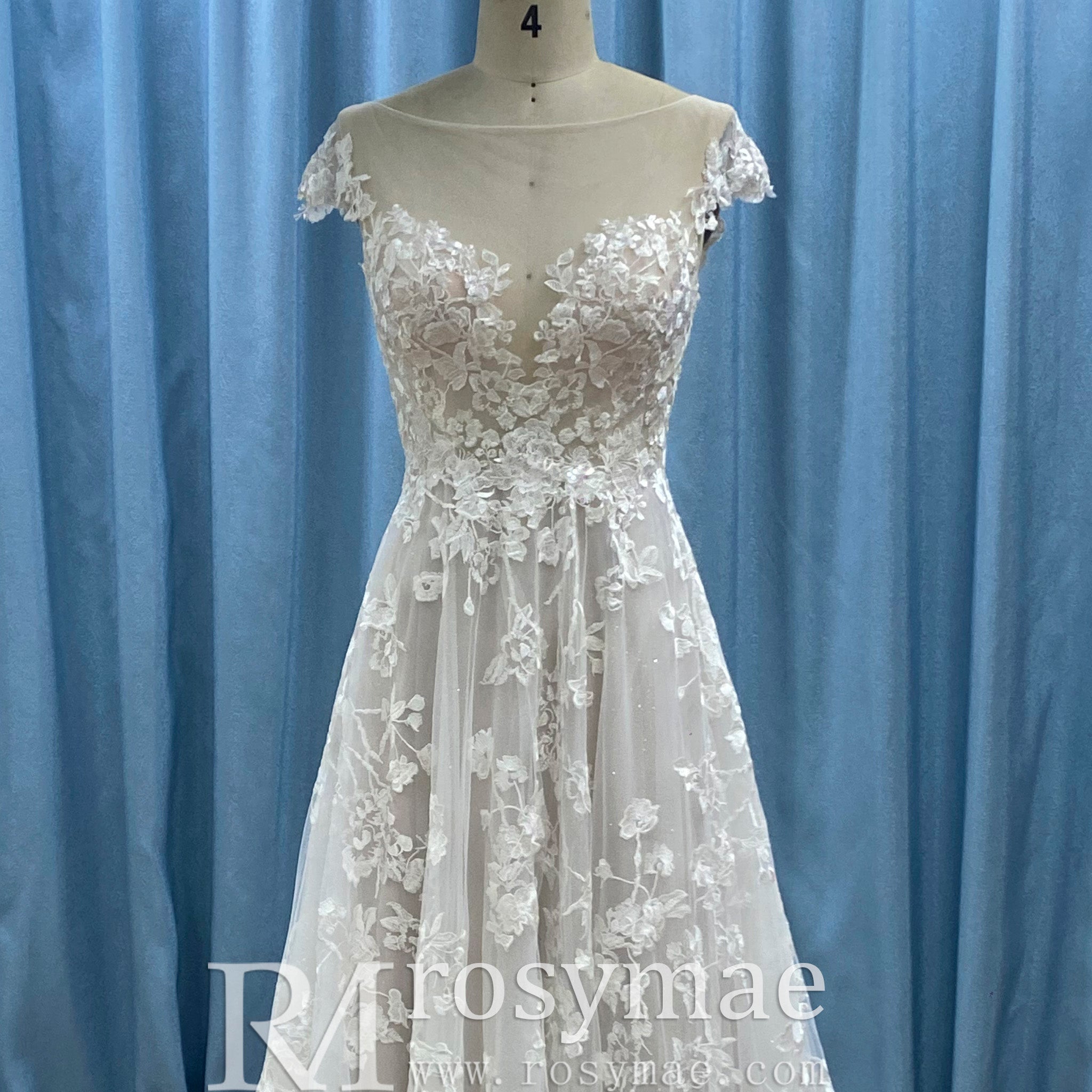 Cap Sleeve Sheer Neck A-line Lace Wedding Dress with Deep Vneck - Rosymae