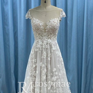 Cap Sleeve Sheer Neck A-line Lace Wedding Dress with Deep Vneck - Rosymae