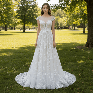 Cap Sleeve Sheer Neck A-line Lace Wedding Dress with Deep Vneck - Rosymae