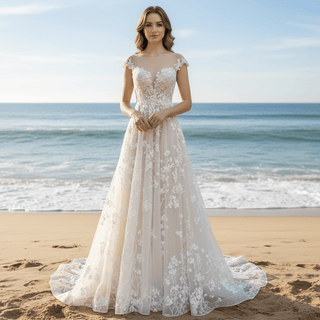 Cap Sleeve Sheer Neck A-line Lace Wedding Dress with Deep Vneck - Rosymae