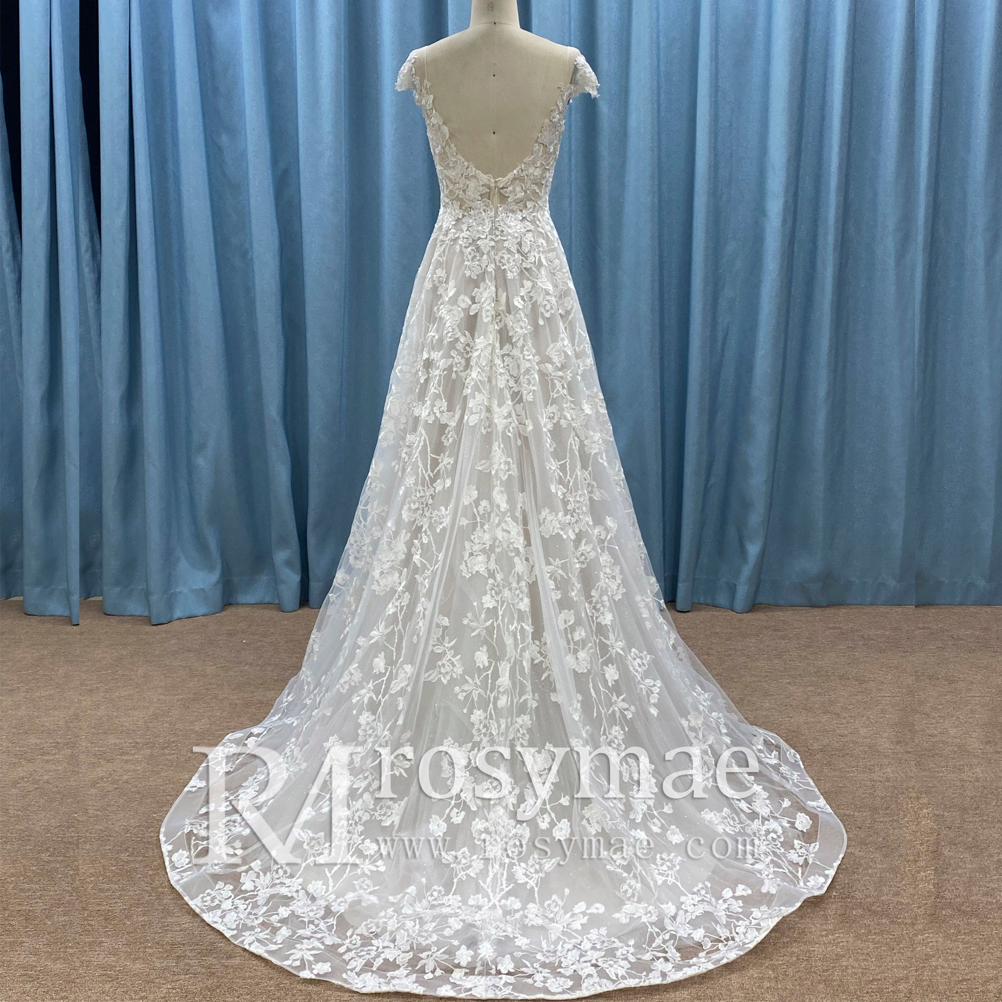 Cap Sleeve Sheer Neck A-line Lace Wedding Dress with Deep Vneck - Rosymae