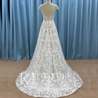 Cap Sleeve Sheer Neck A-line Lace Wedding Dress with Deep Vneck - Rosymae