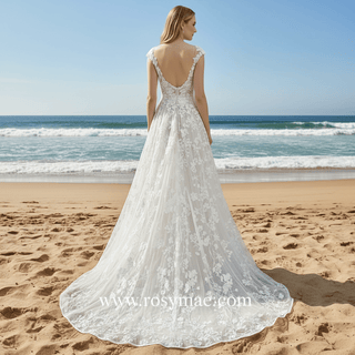 Cap Sleeve Sheer Neck A-line Lace Wedding Dress with Deep Vneck - Rosymae