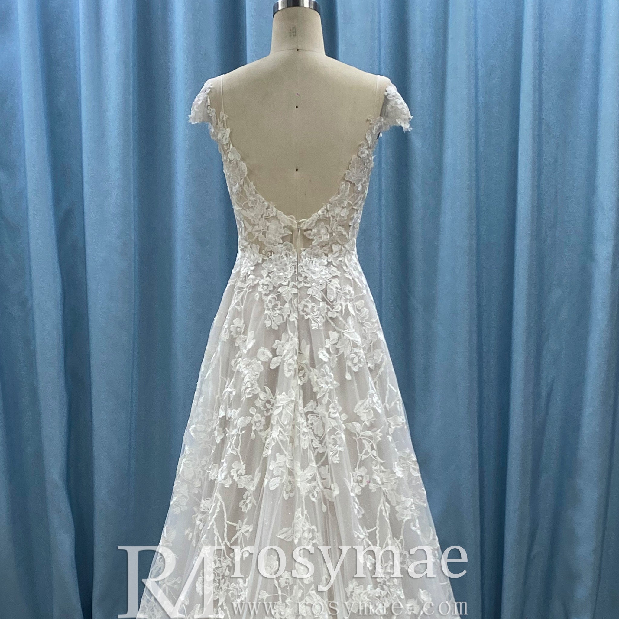 Cap Sleeve Sheer Neck A-line Lace Wedding Dress with Deep Vneck - Rosymae