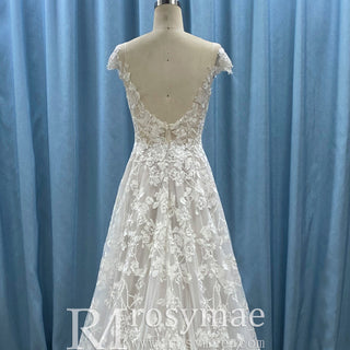 Cap Sleeve Sheer Neck A-line Lace Wedding Dress with Deep Vneck - Rosymae