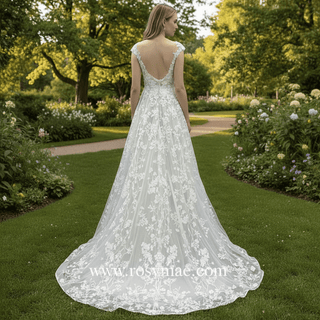 Cap Sleeve Sheer Neck A-line Lace Wedding Dress with Deep Vneck - Rosymae