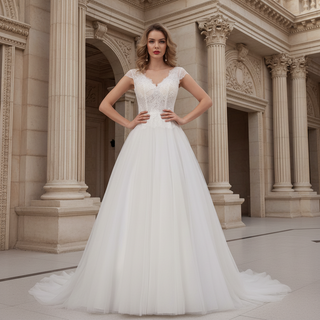 Capped Lightweight Lace Tulle A-line Wedding Dress Low Back Rosymae Capped Lightweight Lace Tulle A-line Wedding Dress Low Back Rosymae