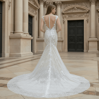 Cap-Sleeves Trumpet/Mermaid Appliques Garden/Outdoor Wedding Dress - Rosymae