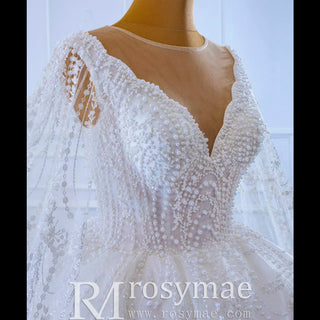 Cape Long Sleeve Ball Gown Wedding Gown Sparkly Wedding Dress - Rosymae