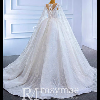 Cape Long Sleeve Ball Gown Wedding Gown Sparkly Wedding Dress - Rosymae