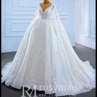 Cape Long Sleeve Ball Gown Wedding Gown Sparkly Wedding Dress - Rosymae