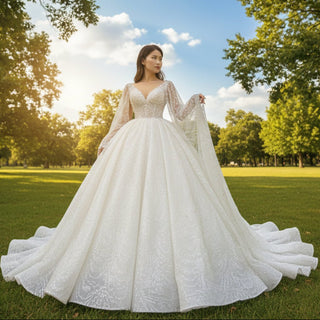 Cape Long Sleeve Ball Gown Wedding Gown Sparkly Wedding Dress - Rosymae