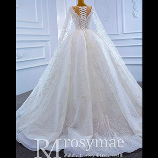 Cape Long Sleeve Ball Gown Wedding Gown Sparkly Wedding Dress - Rosymae
