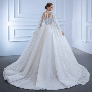 Cape Long Sleeve Ball Gown Wedding Gown Sparkly Wedding Dress - Rosymae