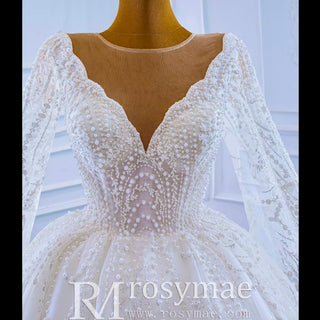Cape Long Sleeve Ball Gown Wedding Gown Sparkly Wedding Dress - Rosymae
