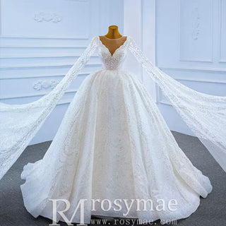 Cape Long Sleeve Ball Gown Wedding Gown Sparkly Wedding Dress - Rosymae