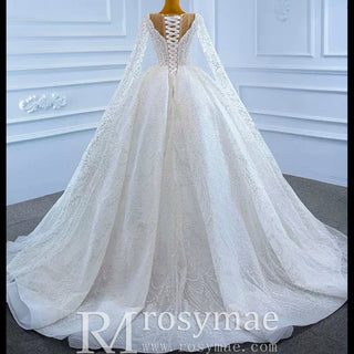 Cape Long Sleeve Ball Gown Wedding Gown Sparkly Wedding Dress - Rosymae