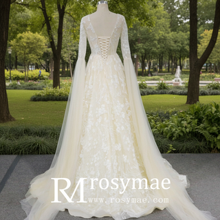 Unique Cape Sleeve A-line Lace Wedding Dress for Bride