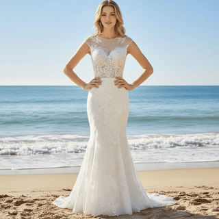Cape Sleeve Floral Lace Mermaid Bridal Gown Wedding Dress - Rosymae