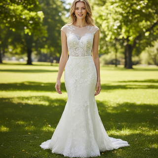Robe de mariée sirène en dentelle florale à manches cape