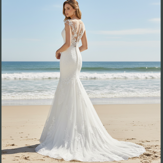 Cape Sleeve Floral Lace Mermaid Bridal Gown Wedding Dress