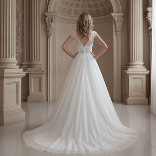 Capped Lightweight Lace Tulle A-line Wedding Dress Low Back - Rosymae