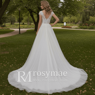 Capped Lightweight Lace Tulle A-line Wedding Dress Low Back - Rosymae