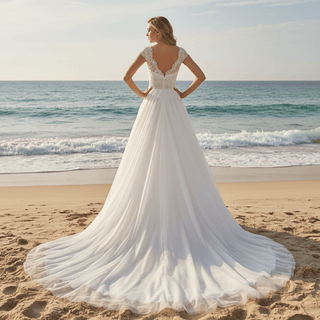 Capped Lightweight Lace Tulle A-line Wedding Dress Low Back - Rosymae