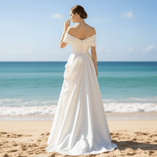 Capped Off Shoulder Crepe Ruched Wedding Dresses Ivory / 10