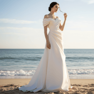 Capped Off Shoulder Crepe Ruched Wedding Dresses - Rosymae