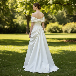 Capped Off Shoulder Crepe Ruched Wedding Dresses - Rosymae
