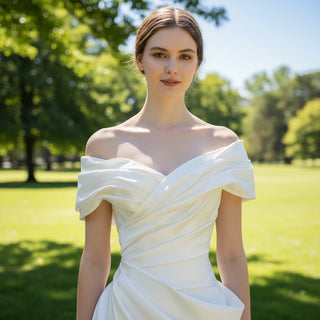 Capped Off Shoulder Crepe Ruched Wedding Dresses - Rosymae