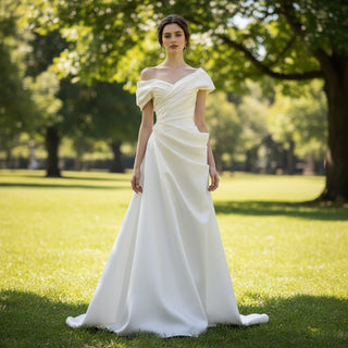 Capped Off Shoulder Crepe Ruched Wedding Dresses - Rosymae