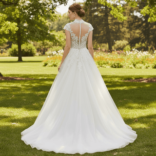 Capped Sheer Neckline A Line Wedding Dress with Lace Applique - Rosymae