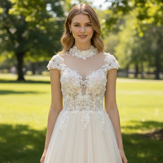 Capped Sheer Neckline A Line Wedding Dress with Lace Applique - Rosymae