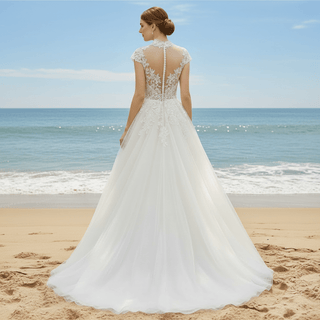 Capped Sheer Neckline A Line Wedding Dress with Lace Applique - Rosymae