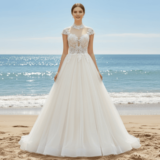 Capped Sheer Neckline A Line Wedding Dress with Lace Applique - Rosymae