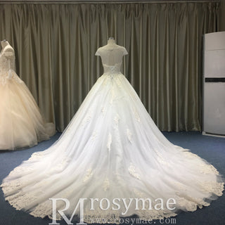 Capped Sleeve Ball Gown Scoop Neck Wedding Dress with Keyhole - Rosymae