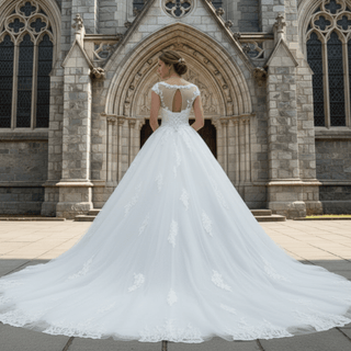 Capped Sleeve Ball Gown Scoop Neck Wedding Dress with Keyhole - Rosymae