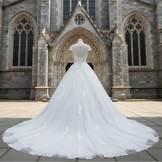 Capped Sleeve Ball Gown Scoop Neck Wedding Dress with Keyhole - Rosymae