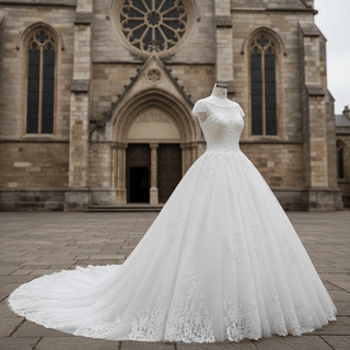 Capped Sleeve Ball Gown Scoop Neck Wedding Dress with Keyhole - Rosymae