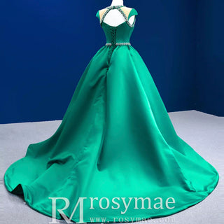 Capped Sleeve Fit and Flare Satin Wedding Dress with Keyhole - Rosymae