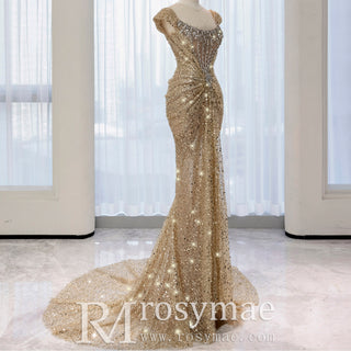 Gold Sparkly Mermaid Evening Dress Formal Party Gown with Fishtail
