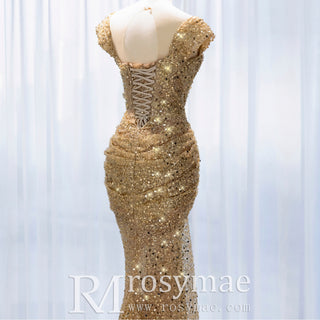 Gold Sparkly Mermaid Evening Dress Formal Party Gown with Fishtail