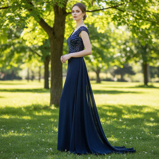 Capped Sleeve Navy Blue Prom Dress Party Gown with Vneck - Rosymae