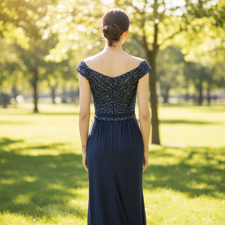 Capped Sleeve Navy Blue Prom Dress Party Gown with Vneck - Rosymae
