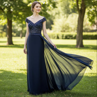 Capped Sleeve Navy Blue Prom Dress Party Gown with Vneck - Rosymae