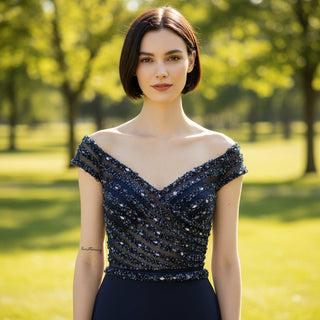 Capped Sleeve Navy Blue Prom Dress Party Gown with Vneck - Rosymae