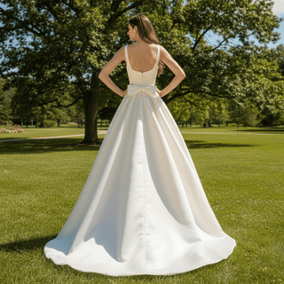 Capped Sleeve Overskirt Satin Wedding Dress with Leg Slit - Rosymae